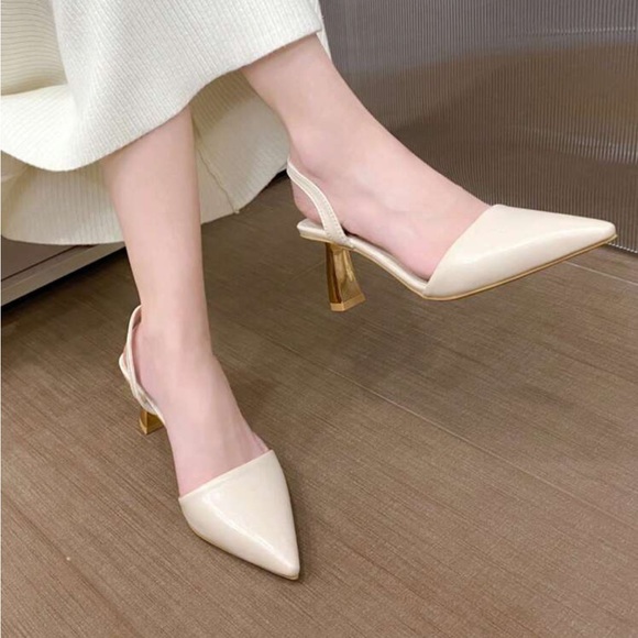 Ivory gold heel High Heeled Sandals, Pointed Toe slingback pumps - Picture 2 of 6